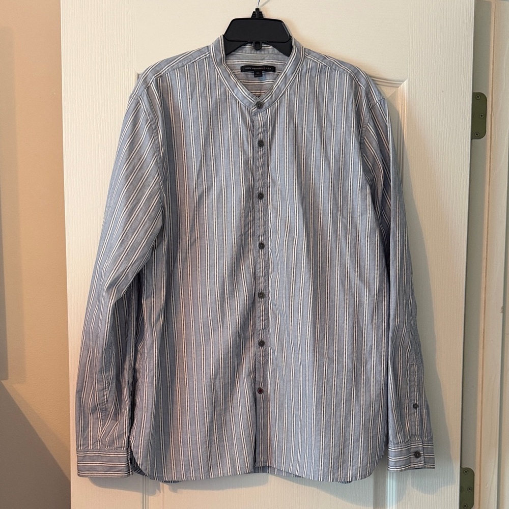 John Varvatos Light Blue/Gray and White Striped Band-Collar Shirt  EUC